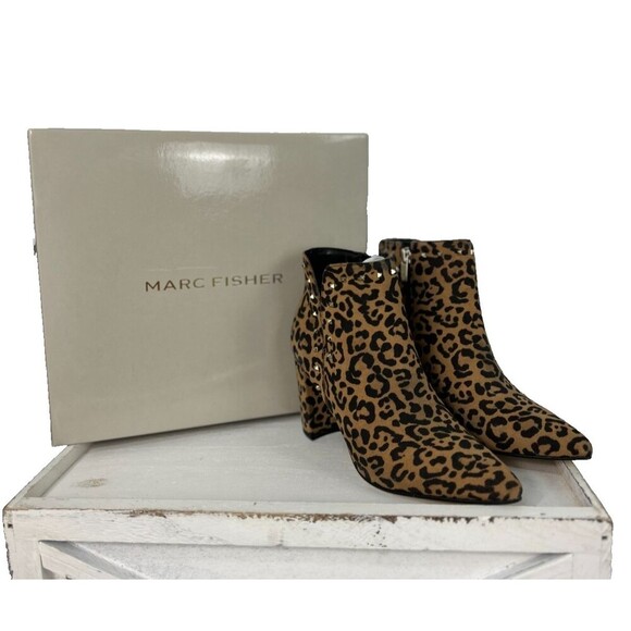 Marc Fisher Client 5.5M Leopard Studded Leather Ankle Boot Pointed Heel Bootie - Picture 1 of 11